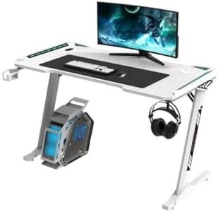 Ekkio RGB Light Gaming Desk Z Shaped with Cup Holder Headphone Holder, Ergonomic, Workstation Computer Desk Carbon Fibre Textured, Stable Structured Frame, Anti-Slip Foot Pad (White, 140 * 60 * 73cm)