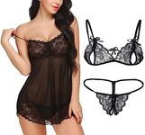 Xs and Os Women's Babydoll with Lace Bra Panty Lingerie Set Combo (Free Size, Black)