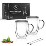 LIBWYS 2 Pack Double Walled Coffee Cups Glasses Mugs with 2 Spoons, Cappuccino Latte Tea Cups with Handle, Heat Resistant Cup Drinking Glasses 350ML Coffee Cup