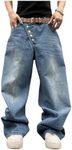 GORGLITTER Men's Y2k Wide Leg Denim Pants Baggy Hip Pop Jean Pants Oversized Streetwear Blue X-Small