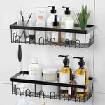 iSTAR Stainless Steel Self Adhesive Multipurpose Bathroom Shelves with Hooks Wall Mount Storage Shelf Racks Bathroom Accessories Organizer, (Black,Powder Coated) Pack of 2