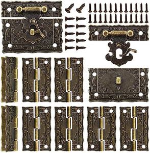 Rectangle Antique Right Hook Hasp Latch Vintage Bronze Engraved Hinge with Matching Screws for Repair and Decorative Jewelry Box Wood Boxes 4 Sets