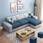 Sleepify Orlam Fabric 4 Seater RHS Sectional L Shape Sofa Set with 2 Puffy (Blue-Grey)