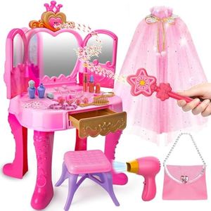 Toddler Vanity Magic Makeup Set Table and Chair Girl Toy Automatically Mirror with Music Light Pink Toys Girls Hair Salon Pretend Play Princess Dress Up Playset Gift Toddler