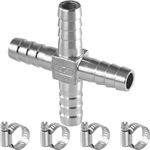 Sctihwelire 304 Stainless Steel Hose Barb 4 way Fittings 3/8 Inch (10mm) Barbed Fitting Hose Barb Reducer Splicer Mender Union Air/Water line/Fuel Hose with Stainless Steel Hose Clamp