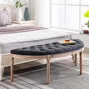 DM Furniture 55" Halfmoon Black Entryway Bench Tufted Semi Circle Ottoman Bench Seat French Style Upholstered Bed End Bench for Foyer Mudroom Bedroom, Retro Black