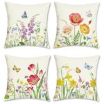 Bonhause Flower Cushion Covers 45 x 45 cm Garden Floral Butterfly Decorative Throw Pillow Covers Polyester Linen Pillowcases for Sofa Garden Patio Outdoor Summer Decor Set of 4