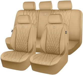 CAR PASS Piping Luxury Leather Seat Covers Full Set,5 Seats Leatherette Anti-Slip Waterproof Seat Covers Compatible with Front Armrests,Universal Fit for Suvs,Vans,Trucks,Airbag Compatible,Pure Beige