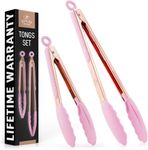 Zulay Stainless Steel Kitchen Tongs with Silicone Tips - Set of 2 (9” & 12”) Locking Cooking Tongs with Non-Slip Grip - Heat Resistant, BBQ Food Tongs for Non-Stick Cooking Pans (Rose Gold/Pink)