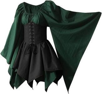 Wraith of East Women's Renaissance Medieval Costume Flare Sleeve Corset Skirt Overskirt Elven Archer Fancy Dress Irish Over Gown Set (XXL, Green)