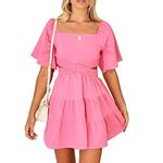 Senllen 2024 Summer Dresses Women's Sundress with Sleeves Square Neck Open Back Crossover Waist Mini Dress Pink