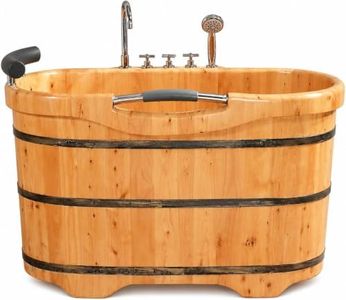 OGOLOUG Cedar Wood Soaking Tub for Adults, Freestanding Wooden Bathtub with Built-In 5-Piece Faucet Set, PU Headrest, Stainless Steel Handrail, Pop-Up Drain and Drain Hose (NW, 63.0 in)