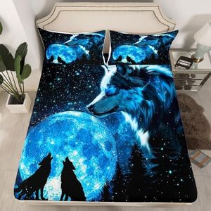 Wolf - Juego de sábanas bajeras tamaño matrimonial para niños, diseño de lobo galaxia y cielo estrellado, decoración de habitación de niñas y niños, funda de cama de pinos, animales, luz de luna,