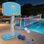 MAGTHIC 2-in-1 Pool Basketball Hoop & Pool Volleyball Set, LED Pool Volleyball Net for Inground Pools, Poolside Basketball Hoop with Stainless Steel Pool Basketball Goal, Summer Swimming Pool Games