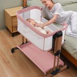 Soobaby 3 in 1 Baby Bassinet, Rocking Bassinets with Comfy Mattress and Wheels, Adjustable Height Bassinet Bedside Sleeper, Easy Folding Portable Crib for Newborn (Pink)