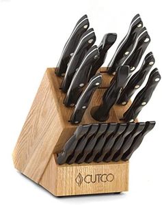 CUTCO Model 2018 Homemaker+8 Set............Includes (8) #1759 Table Knives, (10) Kitchen Knives & Forks, #1748 Honey Oak knife block, #82 Sharpener, and #125 Medium Poly Prep cutting board.......... High Carbon Stainless blades and Classic Brown handles (sometimes called "Black").........in factory-sealed plastic bags.