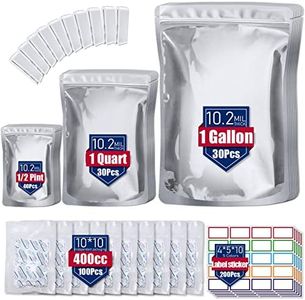 100 Pack 10.2 Mil Mylar Bags for Food Storage with Oxygen Absorbers 400cc (10 x 10 Packs) and 200 Pcs Color Labels - 10”*14” / 6”* 9” / 4.3”*6.3” Resealable Zipper Mylar Bag for Long Term Food Storage