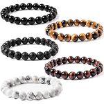 TIGERSTAR Natural Lava Rock Beads Bracelet 5PCS Set,Stretch Elastic Bracelets,Adjustable Braided Rope Gemstone Bracelets,Essential Oil Diffuser Yoga Beaded Bangle Healing Energy Cuff for Men,Women, Lava Stone,