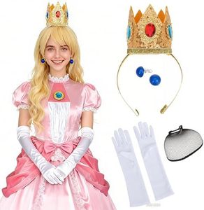 S-noilite Princess Peach Costume Wigs + Accessories Long Wavy Golden Blonde Anime Wig with Bangs for Women Girls Halloween Cosplay Comic Party (Wig Cap + Crown + Gloves + Earrings)