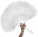 OMyTea 1920s Feather Fan for Women - Vintage Folding Hand Fan - Flapper Accessories for Great Gatsby Party, Harlem Nights, Halloween Costume, Boudoir Props, Wedding, Decoration, Dancing (White)