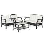 COSTWAY 4-Piece Rattan Garden Furniture Set, Patio Conversation Set with Loveseat, Sofa Chairs and Tempered Glass Table, Outdoor Wicker Table and Chairs Sectional Sofa Set for Balcony Lawn Poolside