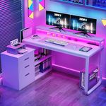 DWVO L Shaped Desk with Drawers, 55" Corner Computer Desk with Power Outlets & LED Lights, Home Office Desk with File Cabinet, White