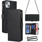 ELTEKER Compatible with iPhone 15 Crossbody Wallet Case with Shoulder Strap Lanyard Card Holder Zip Pocket, Premium Leather Flip Kickstand Wallet Case for iPhone 15 (6.1 Inch) - Black