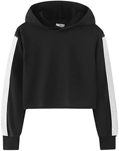 Noomelfish Girls Shiny Striped Cropped Hoodies Long Sleeve Crop Tops Raw Hem Pullover Sweatshirts (5-14 Years), Black, 9-10 Years