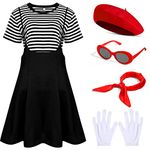 6 Pcs French Costume Women Artist Outfit Includes Black Dress, Striped T Shirt, Gloves, Beret, Scarf and Sunglasses (Small)