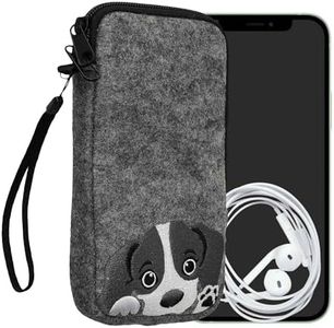 kwmobile Funda Universal Compatible con L - 6,5" - Carcasa de Fieltro con diseño Bordado y Cremallera - Perro Curioso Gris/Negro