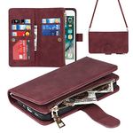 SunYoo for iPhone 6/6s Zipper Wallet Case,[9 Card Holder][Wrist Strap] Premium Leather Protective Cover Card Slot Flip Kickstand Women Lanyard Strap Wristlet for iPhone 6/6s -Red Wine