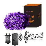 Eambrite Halloween Lights 20m 200 LED Purple Fairy Lights Plug in with Horror Halloween Music Sync Waterproof Outdoor String Lights Decorations for Garden Home Haunted House Décor- Black Cable