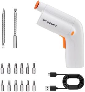 NEUWELBET Electric Screwdriver 3.6V, USB Long-lasting Powerful Electric Screwdriver Set, Cordless Drill with LED Light, 14 PCS Driver Bit(White)