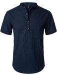 LucMatton Men's Summer Cotton Linen Short Sleeve Button up Henley T-Shirt Casual Lightweight Beach Shirt with Pockets Navy Medium