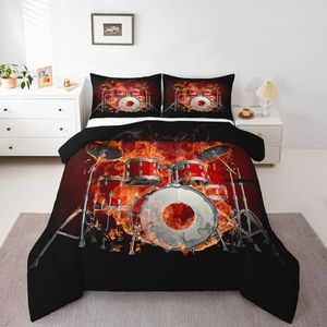 Erosebridal Red Drum Kit Comforter Set Queen Music Theme Bedding Set, Band Drum Set Down Comforter Fire and Instruments Bed Set, Pop Star Musician Quilted Duvet Black Decorative 3pcs with 2 Pillowcase