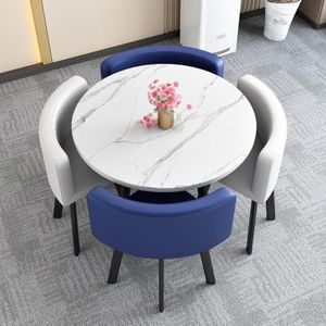 WOOOFA Round Dining Table Set for 4, Faux Marble Conference Table and Chairs Set, Kitchen Table Chairs Set with Strong Metal Frame, Space-Saving, Office Table and Chair Set for Home and Apartment