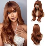 Esmee 24 Inches Long Wavy Auburn Wigs for Women Natural Synthetic Hair Heat Resistant Wigs with Bangs forDaily Party Cosplay Use