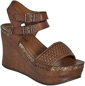 Pierre Dumas Hester-12 Women's Vegan Leather Double-Buckle Rounded-Toe Wedge Sandals, Whiskey, 10