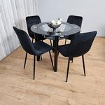 KOSY KOALA Round Glass Black Kitchen Dining Table With Storage Shelf And 4 Black Tufted Velvet Chairs Kitchen Dining Set