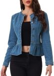 Allegra K Women's Peplum Denim Jackets Collarless Round Neck Button Down Cropped Ruffle Hem Jacket Medium Denim Blue