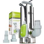 Green Expert 1.5HP Submersible Sump Pump 6000GPH High Flow Full 304 Stainless Steel with tethered Float Switch for Automatically Water Draining in Flooded Basement Pit Sewage Sink Pool Hot Tub