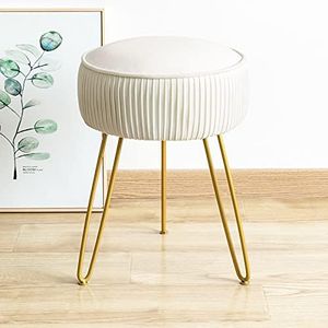 LUE BONA Pleated Vanity Stool, Velvet Upholstered Vanity Stool for Makeup Room, Round Mondern Stool for Vanity, Ottoman Footrest Stool with Metal Legs for Living Room, Bedroom, Beige