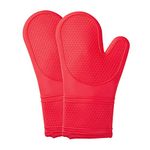 COOK WITH COLOR Silicone Oven Mitts- Heat Resistant Gloves with Soft Quilted Lining Set of 2 Oven Mitt Pot Holders for Cooking and BBQ (Red)