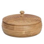 Handcrafted Wooden Mexican Tortilla Warmer Basket Indian Chapati Roti Bread Holder Box Pancake Keeper Serveware Hot Pot Casserole Dish with Lid Home Kitchen Dining Decor, Natural Brown, 23 x 7 cms