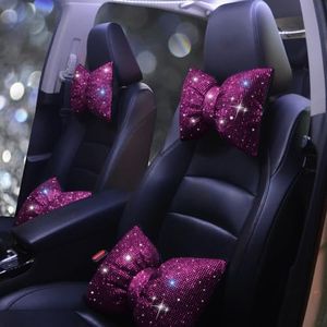 Pirador Crystal Seat Head-Rest Pillow Bow Tie Car Neck Headrest Cushion Bling Bling Rhinestones Diamond for Car Girls and Women Neck Support Interior Bling Accessories Purple 2Pcs