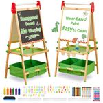 FUNLIO Kids Art Easel, 3 Height Adjustable for Kids Aged 2-8, Toddler Easel with Paper Roll, Anti-Warp & Magnetic Chalkboard/Whiteboard, All-in-One Standing Easel with Erasable Frame (Green)