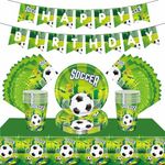 54Pcs Green Football Soccer Party Tableware Decorations for Boy Birthday,Football Game Party Table Cloth,7inch Paper Plates,Banner,Paper Napkins for Kids Soccer Game Theme Table ware Party Favor