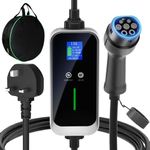 lvelfe EV Charger Type 2 to UK 3 Pin 6M, 6/8/10/13A, 12 Hours Delay Timer, IP67 Waterproof, 3.3kW Electric Car Charger with Controllable Digital Display, EV Cable Holder and Cable Bag