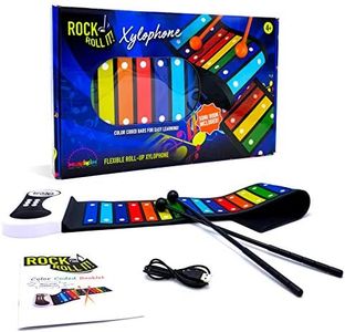 Rock and Roll It – Rainbow Xylophone. Portable & Flexible Standard Size Electronic Pad with 22 Color Coded Bars & Song Booklet. USB or Battery Powered, Built-in Speaker & Audio Output Support.