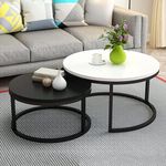 LIVE TOUCH Two Modern Nesting Coffee Tables in a Round Shape with a Wood Side and a Sturdy Metal Frame for use in a Living Room, Balcony, or Garden [White Black]